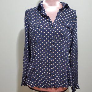 Loft Navy Blouse with Tan Polka Dots